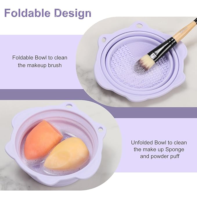 Makeup Brush Cleaner, Etercycle Foldable Silicone Brush Cleaner Bowl Srubber, Portable Washing Tools for Makeup Brush,Powder Puff,Sponge (Purple)