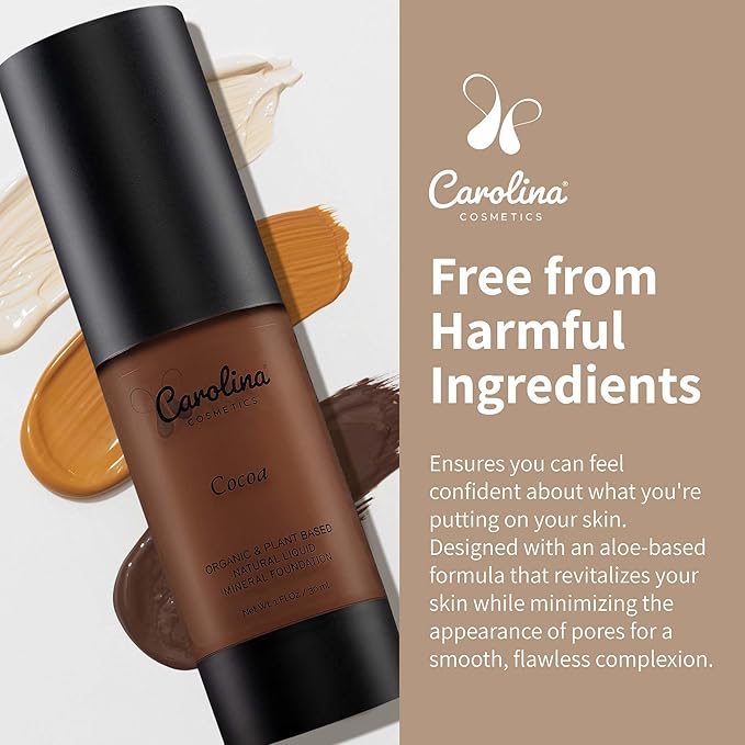 Carolina Cosmetics - Foundation in Cocoa Shade Plant-Based - Hydrating, Pore-Minimizing & Buildable Coverage - Vegan, Non-GMO, Paraben-Free - 1oz