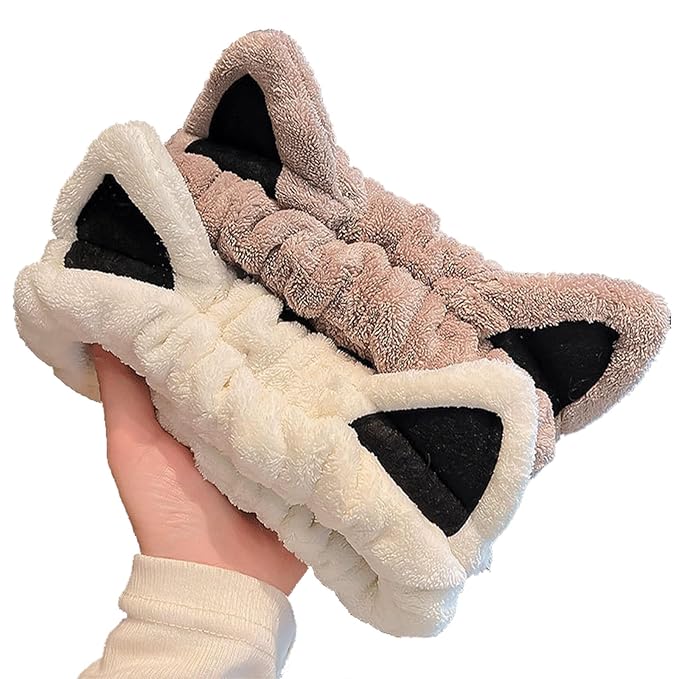 2 Pcs Cat Ears Headband, Cute Spa Headbands for Washing Face Skincare Makeup Headbands for Women Girls Trendy Stuff Present Soft Coral Fleece Hair Accessories(Beige Khaki)