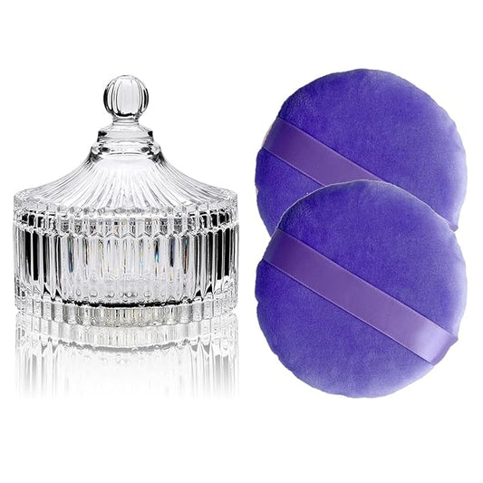 2 Pack Extra Large 5.2" Purple Powder Puffs and 5.3" Glass Container – Oversized Dusting Powder Jar with Puff Powder Holder Case(Clear Glass)