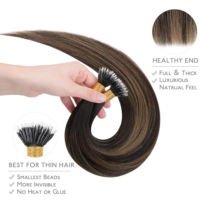 WENNALIFE Nano Bead Hair Extensions Human Hair, 50g 100s 14 Inch Balayage Dark Brown Mixed Chestnut BrownReal Human Hair Extensions for Women Invisible Nano Ring Hair Extensions Remy Hair Extensiones