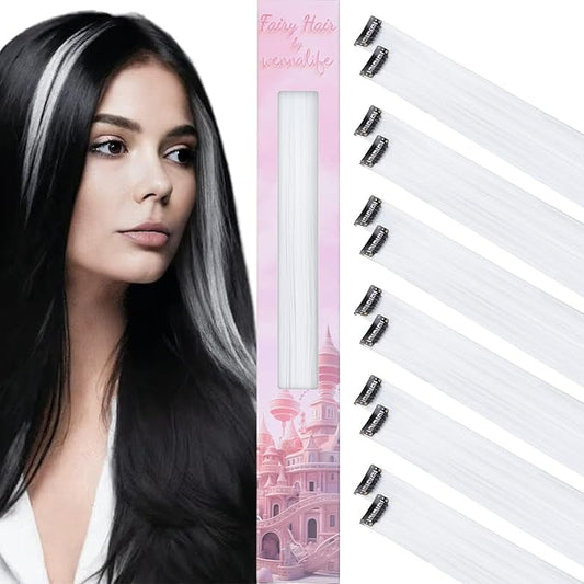 WENNALIFE 12 PCS White Hair Extensions Clip in, Colored Clip in Hair Extensions for Kids Highlights Rainbow Hair Clips for Girls Synthetic Straight Pop-up Style Colorful Festival Girl Hair Accessories