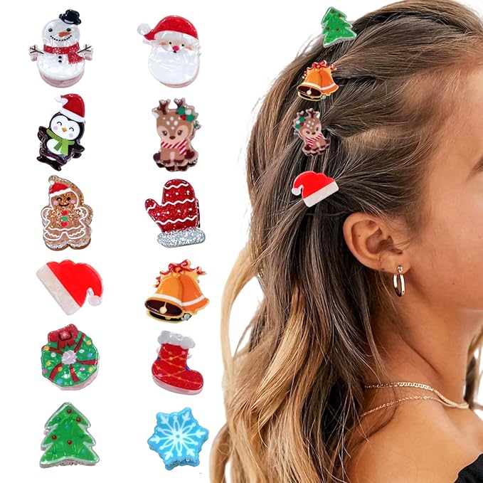 12 Pcs Christmas Claw Clips Christmas Elements Mini Hair Clips with Santa Claus Xmas Hat Gift Snowman Design Strong Hold Non Slip Small Hair Clips for Women Thick and Thin Hair Various Hairstyles