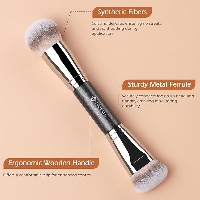 TEOYALL Dual-Ended Foundation Contour Brush, Dense Sculpting Defining and Domed Blending Synthetic Bristles for Liquid Cream Powder