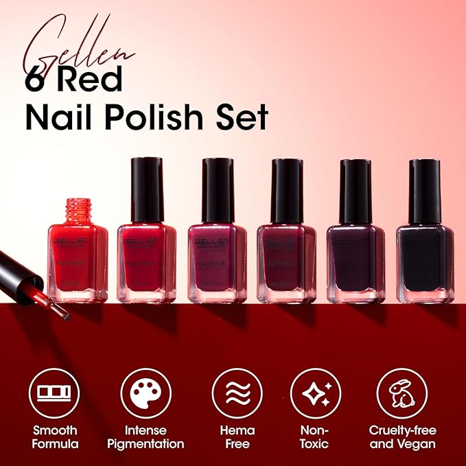 GELLEN Dark Red Nail Polish Set, Deep Burgundy Wine Cherry Blood Red 6 Colors, Fall Winter Quick Air Dry Regular Nail Polish for Women Gifts DIY Art Nails Home Salon, Not UV Gel, Hema Free, Non-toxic