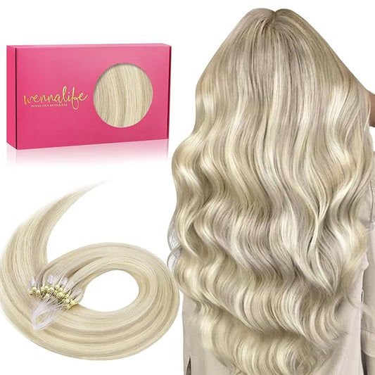 WENNALIFE Microlink Hair Extensions Human Hair, 50g 50s 24 Inch Ash Blonde Highlighted Platinum Blonde Remy Micro Bead Hair Extensions Real Human Hair Micro Loop Micro Ring Hair Straight Microlinks