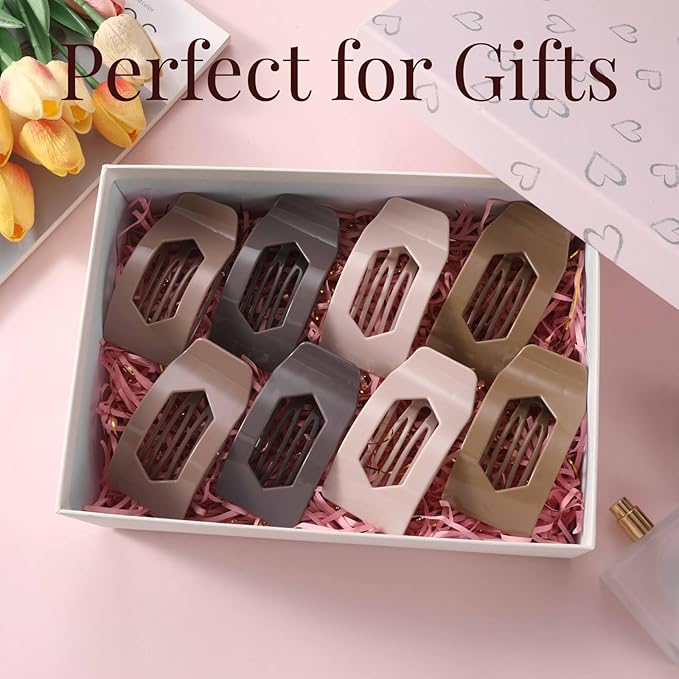 8 Pack Brown Flat Hair Clips for Women – Large Neutral Glossy No-Slip Rectangle Claw Clips for Thick & Thin Hair, Strong Hold Square Hair Accessories for Everyday Office or Coffee Look