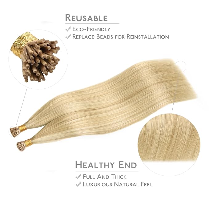 WENNALIFE I Tip Hair Extensions Real Human Hair, 100g 200s 14 Inch Light Blonde Highlighted Golden Blonde Remy Itip Human Hair Extensions Invisible Itips Straight I Tips Cold Fusion Extensions