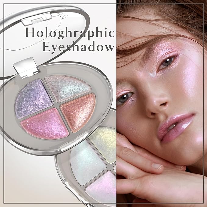 4 Colors Holographic Multichrome Glitter Eyeshadow Palette, Chameleon Purple Pink Mermaid Rose Gold Glitter Iridescent Baked Eyeshadow Powder, Smooth Shimmer Face Highlighter Fairy Makeup 02