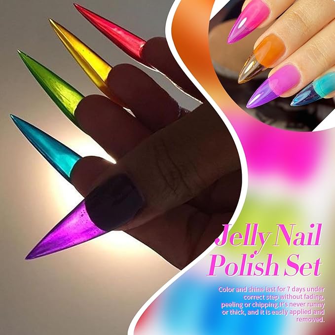 Born Pretty Neon Jelly Nail Polish Set, 6 Colors Halloween Ice Jelly Neon Nail Polish Quick Dry Fingernail Polish Kit Crystal Transparent Hot Pink Yellow Green Blue Nail Lacquer Glossy Polish Set