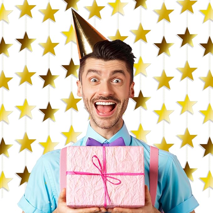 158 Feet 12 PCS Glitter Gold Star Garland Banner Decoration, Reflective Sparkle Little Star Paper Hanging Decor Double Side Star Streamer Bunting for Party Wedding Christmas Birthday Festival