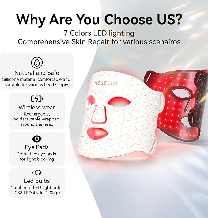 MEGELIN 7 Colors Led Light Therapy Facial Mask, Face Light Therapy Mask for Face, Reduce Wrinkles Smooth Skin, Infrared Light Skin Rejuvenation