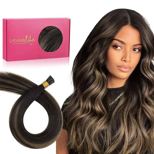 WENNALIFE I Tip Hair Extensions Human Hair, 50g 50s 24 Inch Balayage Dark Brown Mixed Chestnut Brown Remy Itip Human Hair Extensions Invisible Itips Straight I Tips Fusion Extensions Real Human Hair