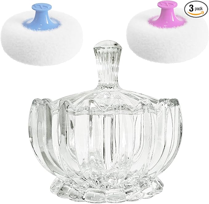 3 Pcs Large Body Powder Puff and Container,Glass Reusable Box Crystal Case Jar with Soft Puff Pumpkin Shaped
