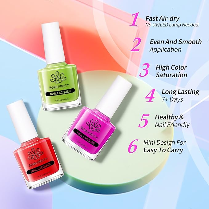 Born Pretty Neon Jelly Nail Polish Set, 6 Colors Halloween Ice Jelly Neon Nail Polish Quick Dry Fingernail Polish Kit Crystal Transparent Hot Pink Yellow Green Blue Nail Lacquer Glossy Polish Set