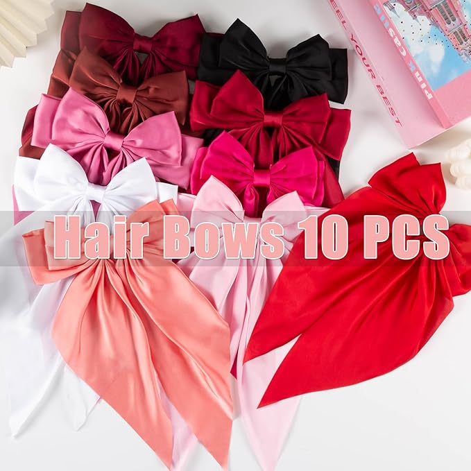 10 PCS Hair Bows,Big Bows for Girls and Womens,Hair Bows for Womens,Hair Ribbons,Large Hair Bow for Women,Big Hair Bow,Bows for Women,Oversized Long-tail Cute Aesthetic Hair Accessories(Red Series)