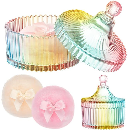 Tioncy 3 Pcs Large Body Powder Puff and Container Powder Container with Puff Crystal Case Soft Washable Reusable Velour Face Body Glitter Wet Dry Makeup(Simple,Colorful)