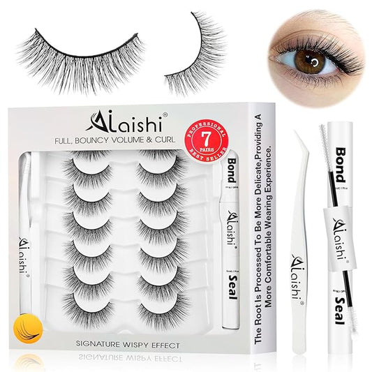 Wispy False Eyelashes Kit With Bond, Seal and Tweezer, 7 Pairs Natural Look Fake Cat Eye Lashes Strips Thin Band Extensions Waterproof Easy Eyelashes for Beginners RQ46