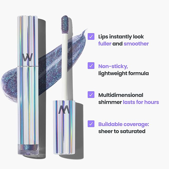 Wonderskin Lip Gloss Blading Top Gloss, Hydrating and High Shine Finish Lip Makeup (Blue Glitter)