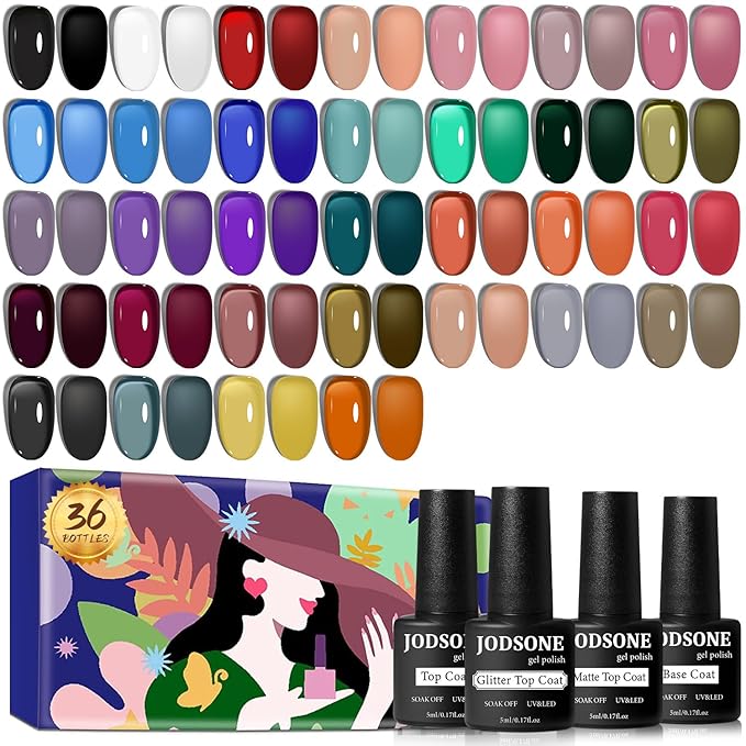 JODSONE Jelly Gel Nail Polish Kit 32 Classic Colors Crystal Transparent High Shine Base & Top Matte Glitter Coat