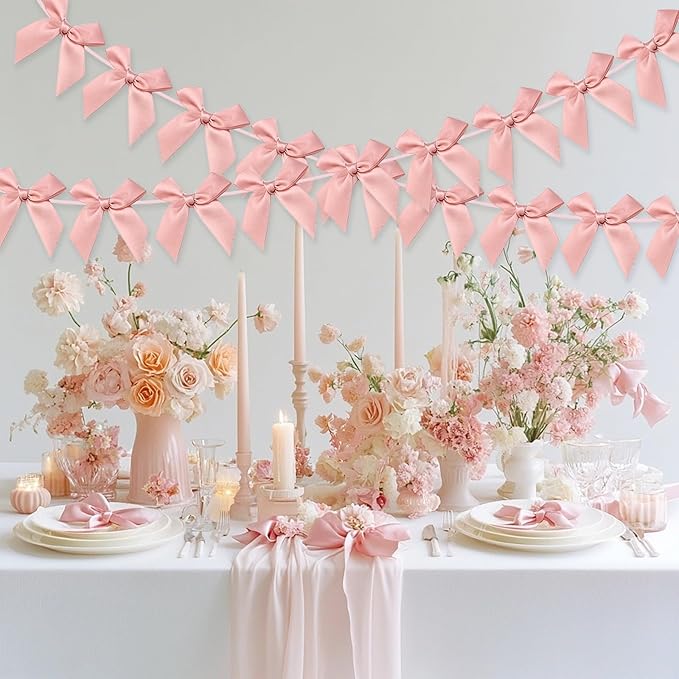 2pcs Bow Garland Banner, Ribbon Bow Party Decorations for Baby Shower Girls Bow Coquette Birthday Party Decor (Peach Pink)