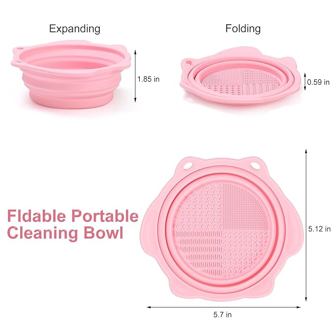 Makeup Brush Cleaner, Etercycle Foldable Silicone Brush Cleaner Bowl Srubber, Portable Washing Tools for Makeup Brush,Powder Puff,Sponge (Light Pink)