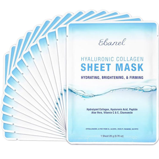 Ebanel 15 Pack Collagen Face Mask with Hyaluronic Acid, Vitamin C, Peptide, Aloe, Instant Brightening Hydrating Face Masks Skincare Korean Sheet Mask, Skin Firming, Lifting Anti Aging Facial Masks