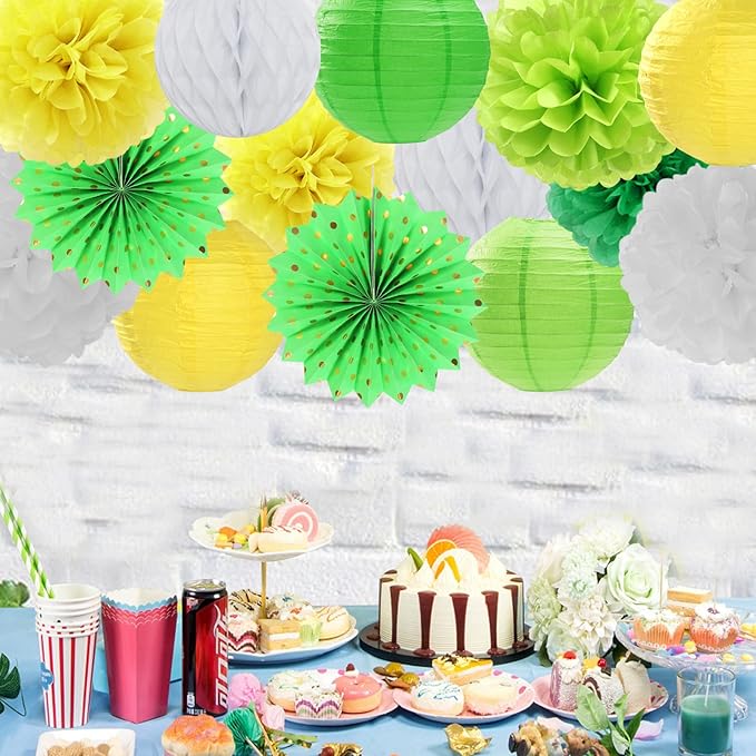 Yellow-White Green Party-Decorations Streamers-Lanterns - 14pcs Spring Summer Garden Tea Paper Fan,Birthday Baby Bridal Shower Wedding Tissue Pom Poms,Classroom Honeycomb Balls Decor Lasting Surprise