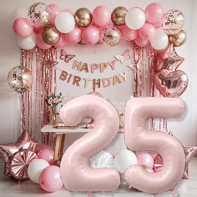 Pastel Pink 25 Balloon Number for Girls, 40'' Self Inflating Number 25 Balloons, Big Light Blush Pink Foil 2 & 5 Helium Balloon 25 for Women Boho Coquette 25th Birthday Party Graduation Decorations