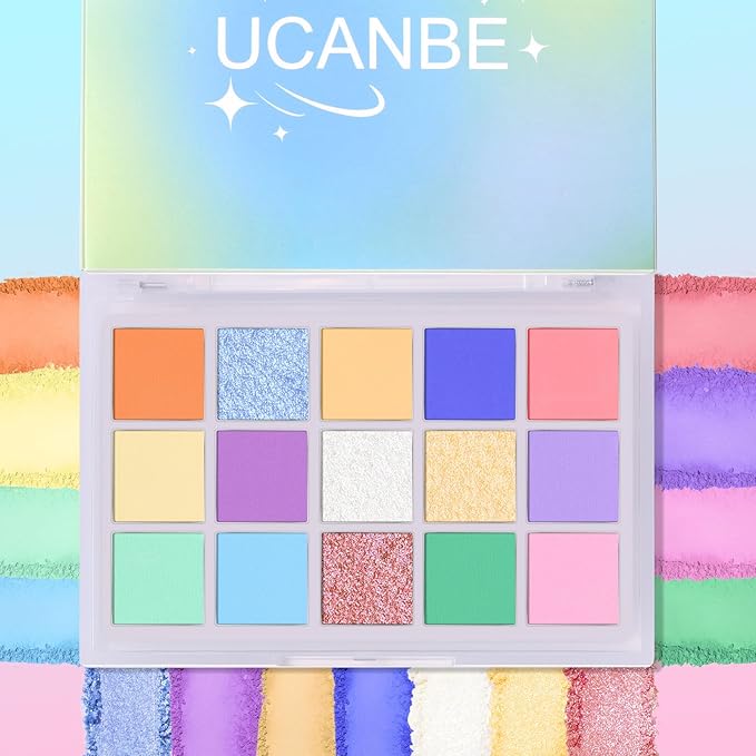 UCANBE Colorful Eyeshadow Palette – 15 Colors Vibrant Matte, Dazzling Shimmer & Glitter Duochrome Finishes – Highly Pigmented, Blendable, Long-Lasting Pastel Rainbow Eye Makeup Pallet - Seaform Dreams