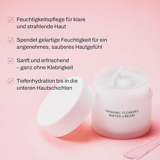 Whamisa Organic Flowers Water Cream, 95.2% Organic, Waterless Formula, Fermented Postbiotic for Deep Hydration & Soothing, Moisturizing (50ml)