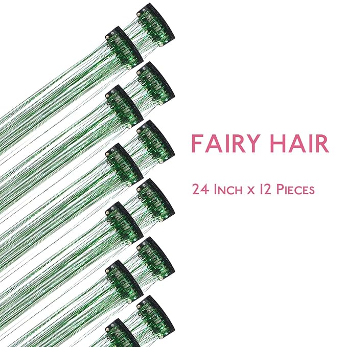 WENNALIFE Hair Tinsel kit for Girls, Clip in Green, 12PCS 24 Inch Hair Accessories for Women Clip in Colorful Glitter Tinsel Hair Fairy Girls Accessories for Kids