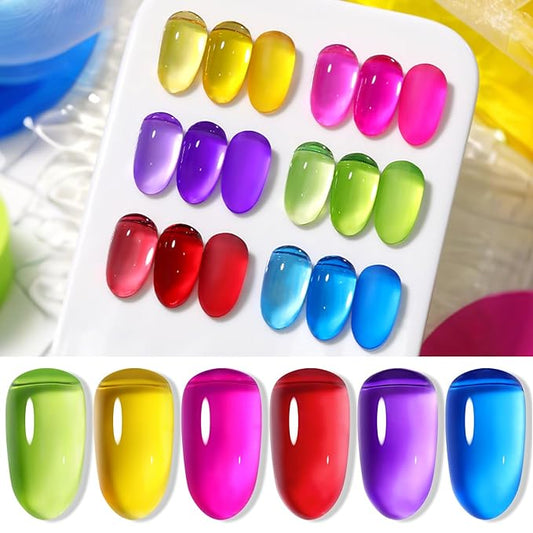 Born Pretty Neon Jelly Nail Polish Set, 6 Colors Halloween Ice Jelly Neon Nail Polish Quick Dry Fingernail Polish Kit Crystal Transparent Hot Pink Yellow Green Blue Nail Lacquer Glossy Polish Set
