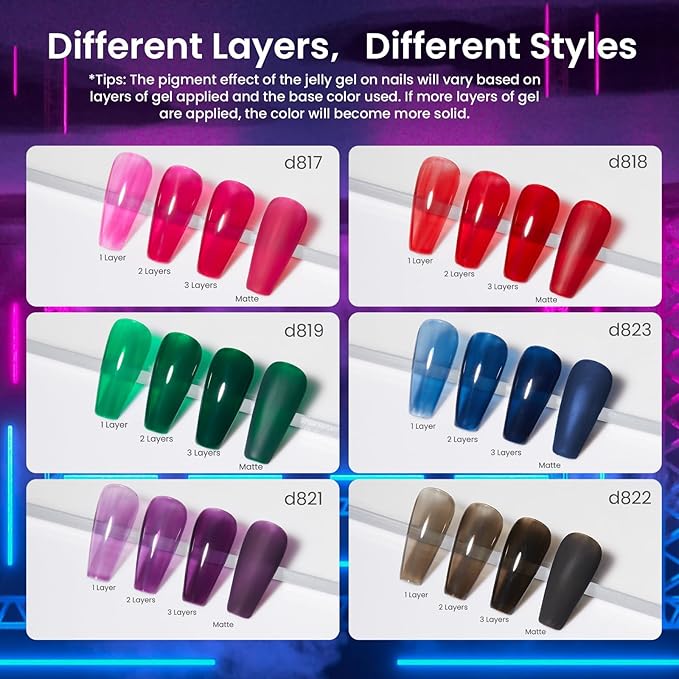 Beetles Jelly Gel Nail Polish Set - Jelly Magic Gel Polish, 6 Colors Pink Red Black Blue Green Purple Halloween Fall Gel Polish Kit Sheer Translucent Effect Soak Off UV Manicure DIY Gift for Women