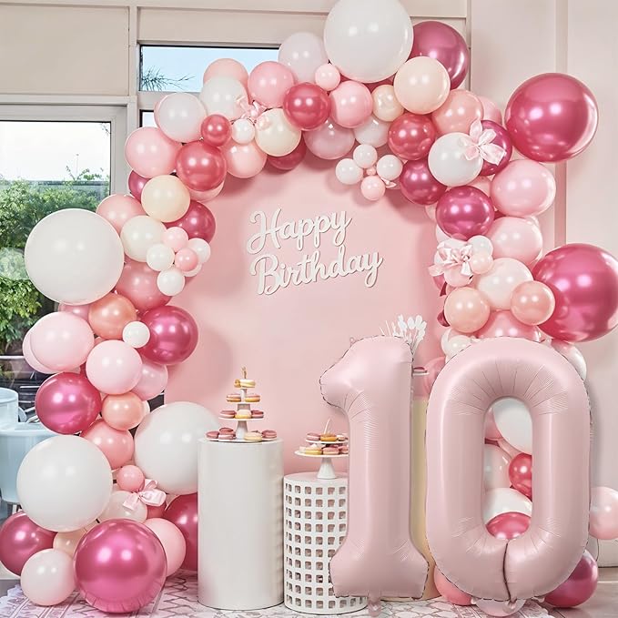 Pastel Pink Balloons Number 10, 40 Inch Foil Number 1 & 0 Balloons for 10 Year Old Birthday Decorations, Self Inflating Blush Dusty Pink Balloon for Girls 10th Birthday Party Anniversary Decorations