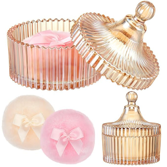 Tioncy 3 Pcs Large Body Powder Puff and Container Powder Container with Puff Crystal Case Soft Washable Reusable Velour Face Body Glitter Wet Dry Makeup(Simple,Amber)