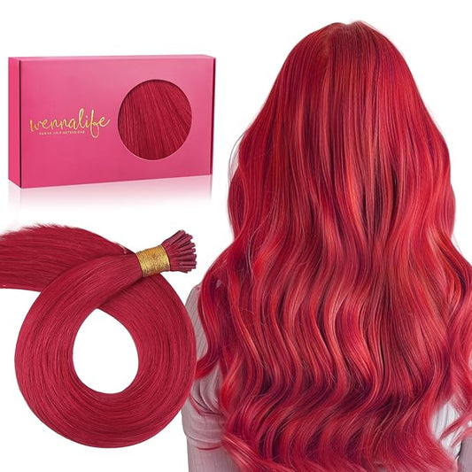 WENNALIFE I Tip Hair Extensions Human Hair, 50g 100s 14 Inch Red Remy Itip Human Hair Extensions Invisible Itips Straight I Tips Fusion Extensions Real Human Hair