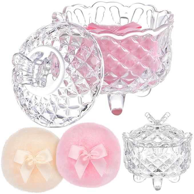Tioncy 3 Pcs Large Body Powder Puff and Container Powder Container with Puff Powder Puff Crystal Container Soft Washable Reusable Velour Face Body Glitter Powder Puff Wet Dry Makeup (Clear,Butterfly)