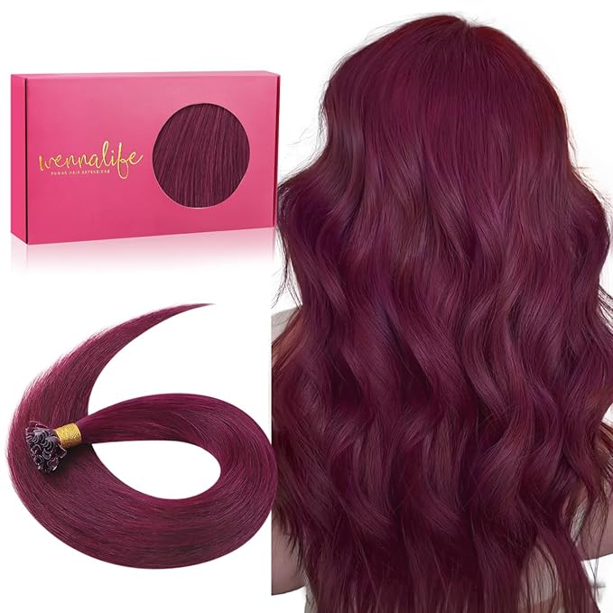 WENNALIFE U Tip Hair Extensions Human Hair, 50g 50s 20 Inch Light Burgundy Remy Hair Extensions K Tip Hair Extension Real Human Hair Invisible Straight Keratin Hair Extensions