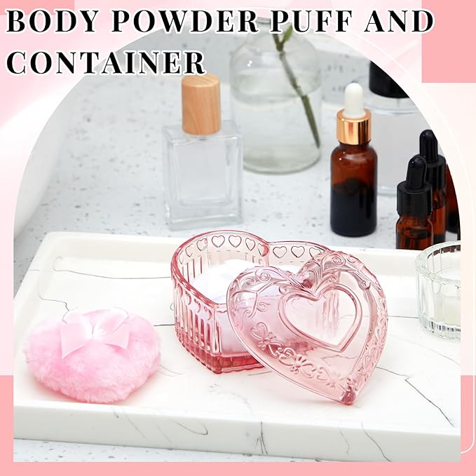 Tioncy 3 Pcs Large Body Powder Puff and Container Powder Container with Puff Crystal Soft Washable Reusable Velour Face Glitter Wet Dry Makeup(Pink,Heart)