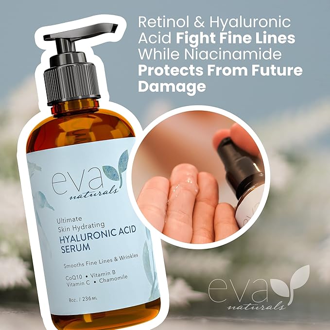 Eva Naturals Anti-Aging Hyaluronic Acid Serum For Face - Professional & Potent Hydrating Anti-Wrinkle Formula For Fine Line & Uneven Skin Tone - Contains Vitamin C, B, & E, Paraben Free (8 Oz)
