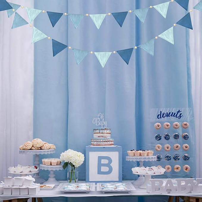 2 Sets of Blue Pennant Wooden Bead Banner Nursery Garland 20pcs Royal Linen Fabric Flags Triangle Streamers for Baby Room Decor Kids Boys Nautical Birthday Baby Shower Boho Event Party Decorations