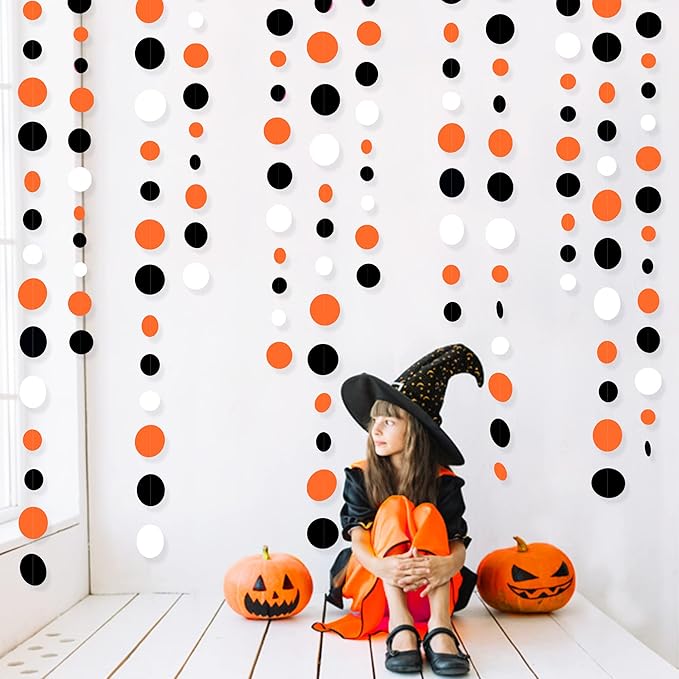 46Ft Orange Black Circle Dot Garland Black Orange and White Polka Dot Hanging Paper Streamer for Birthday Wedding Bridal Shower Baby Shower Fall Autumn Halloween Thanksgiving Party Decoration Supplies
