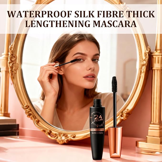 2 PCS 4D Waterproof Silk Fibre Thick Lengthening Mascara, Long Lasting Smudge-Proof Curling Eyelashes Mascaras with No Flaking Black Volume and Length Natural, All Day Full