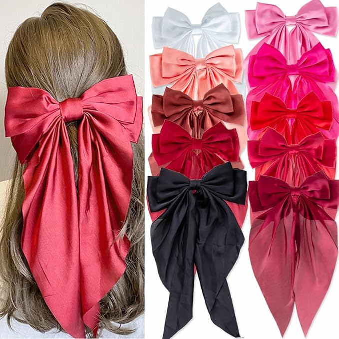 10 PCS Hair Bows,Big Bows for Girls and Womens,Hair Bows for Womens,Hair Ribbons,Large Hair Bow for Women,Big Hair Bow,Bows for Women,Oversized Long-tail Cute Aesthetic Hair Accessories(Red Series)