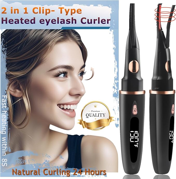 Heated Eyelash Curlers - 2 in 1 Clip- Type Heated lash Curler Best Seller Electric Eyelash Curler LED Display 3 Temp Settings for Makeup Tools USB Rechargeable Natural Curling 24H Long Lasting AD