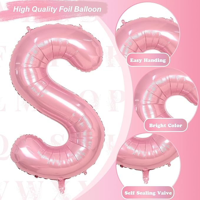 Self Inflating Pastel Pink S Letter Balloon, 40 Inch Large Alphabet Foil Custom Letter Balloon for Girls Birthday Party & Baby Shower Decoration
