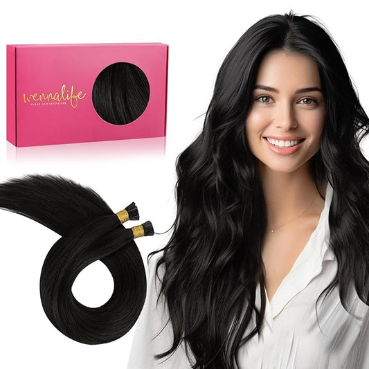WENNALIFE I Tip Hair Extensions Real Human Hair, 100g 200s 16 Inch Natural Black Remy Itip Human Hair Extensions Invisible Itips Straight