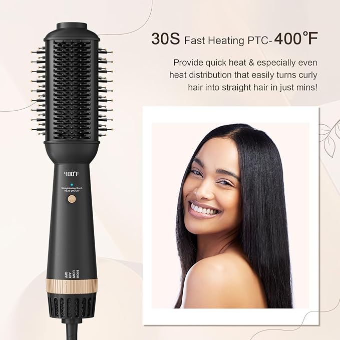 110-120V Upgraded Hair Straightener Brush Blowout Brush Dryer for Black Hair, One-Step Hair Trends Hot Air Brush Styler with Heated Comb, 60mm Oval Barrel for Drying Straightening Volumizing