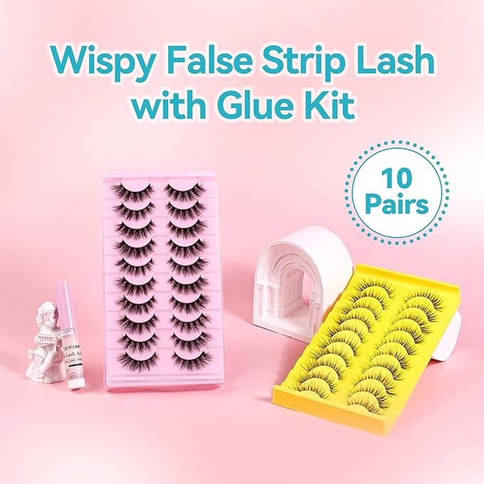 Strip Lashes Kit Fluffy False Eyelashes With Strip Lash Glue Mink 10 Pairs False Lashes Magnetic Lashes Kit by GEMERRY, A04